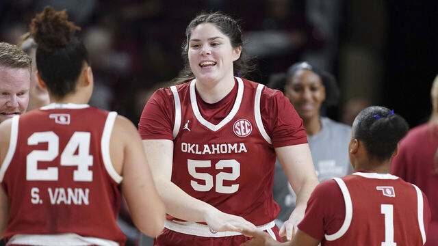COLUMBIA, SOUTH CAROLINA - JANUARY 18: Raegan Beers #52 of the Oklahoma Sooners and teammates are introduced before an NCAA women's basketball game against the South Carolina Gamecocks at Colonial Life Arena on January 18, 2024 in Columbia, South Carolina. The South Carolina Gamecocks won 101-60.