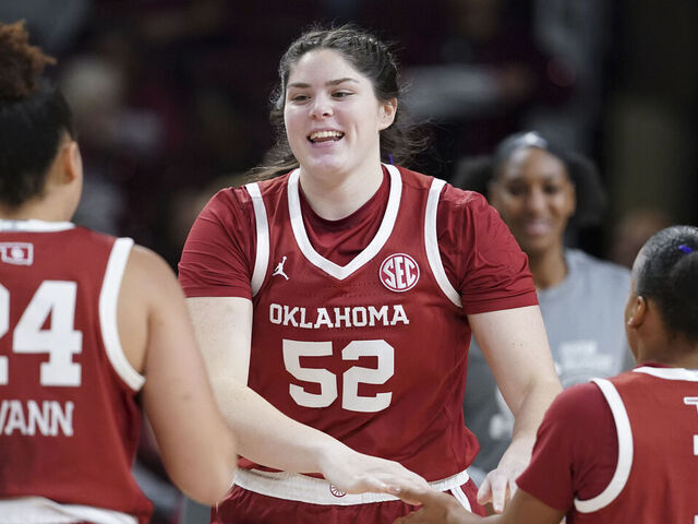 COLUMBIA, SOUTH CAROLINA - JANUARY 18: Raegan Beers #52 of the Oklahoma Sooners and teammates are introduced before an NCAA women's basketball game against the South Carolina Gamecocks at Colonial Life Arena on January 18, 2024 in Columbia, South Carolina. The South Carolina Gamecocks won 101-60.