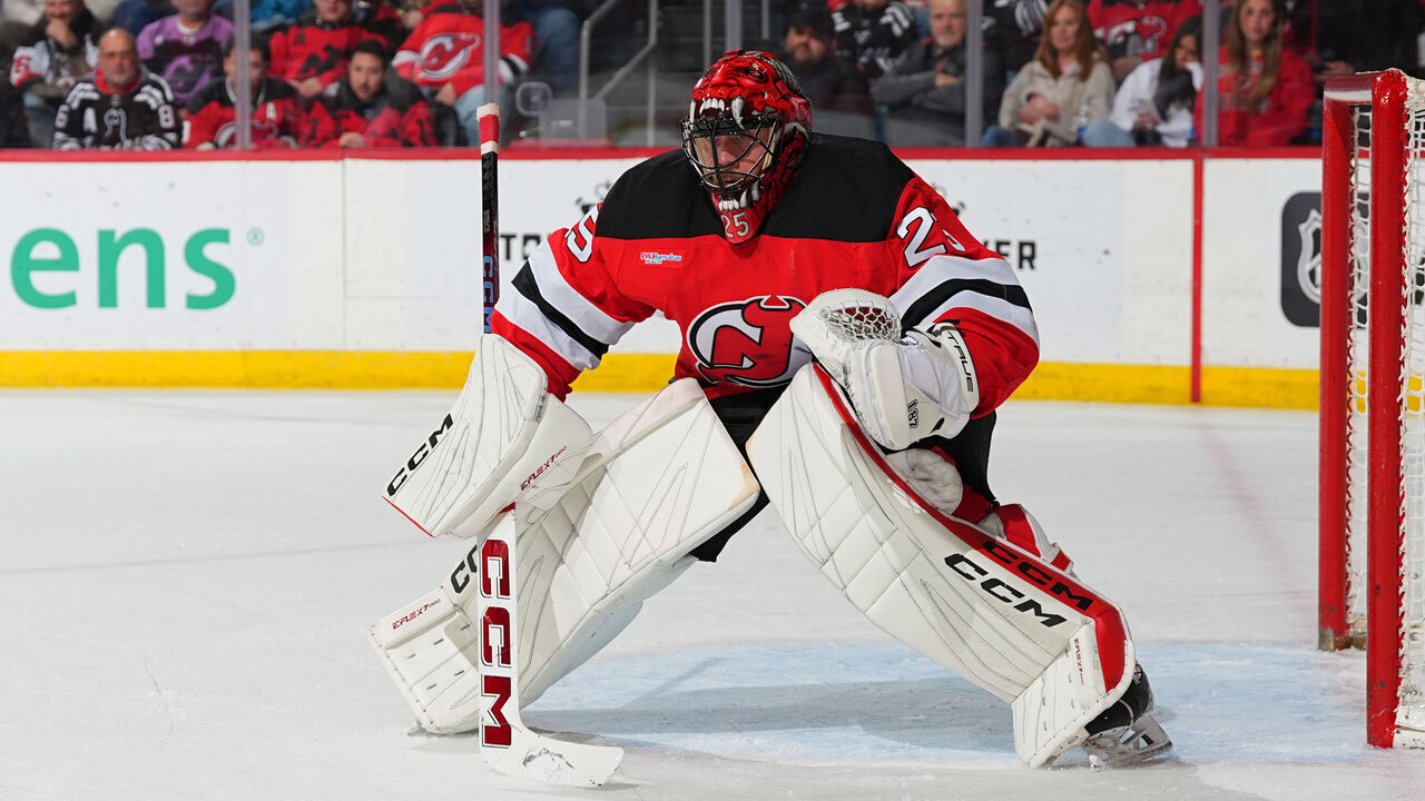 NEWARK, NJ - JANUARY 14: Jacob Markstrom #25 of the New Jersey Devils defends his net in the second period of the game against the Florida Panthers at the Prudential Center on January 14, 2025 in Newark, New Jersey.