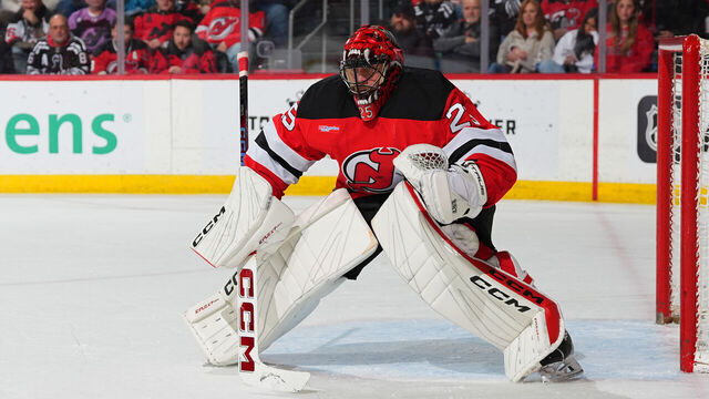 NEWARK, NJ - JANUARY 14: Jacob Markstrom #25 of the New Jersey Devils defends his net in the second period of the game against the Florida Panthers at the Prudential Center on January 14, 2025 in Newark, New Jersey.