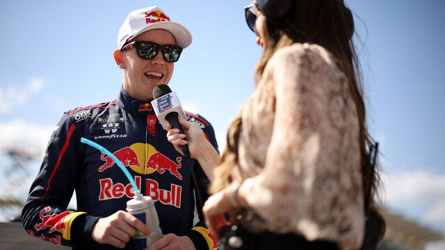 AUSTIN, TEXAS - MARCH 02: Connor Zilisch, driver of the #87 Red Bull Chevrolet, speaks to the media on the grid prior to the NASCAR Cup Series EchoPark Automotive Grand Prix at Circuit of The Americas on March 02, 2025 in Austin, Texas.