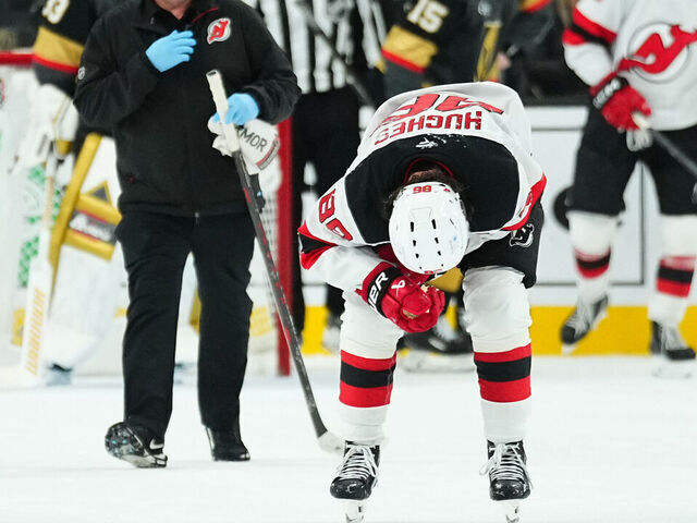 LAS VEGAS, NEVADA - MARCH 02: Jack Hughes #86 of the New Jersey Devils reacts after going hard into the boards during the third period against the Vegas Golden Knights at T-Mobile Arena on March 02, 2025 in Las Vegas, Nevada.