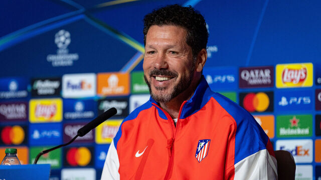 MADRID, SPAIN - MARCH 3: Diego Pablo Simeone, head coach of Atletico de Madrid, seen speaking during the UEFA Champions League 2024/25 League Round of 16 First Leg press conference at Estadio Riyadh Air Metropolitano on March 03, 2025 in Madrid, Spain.