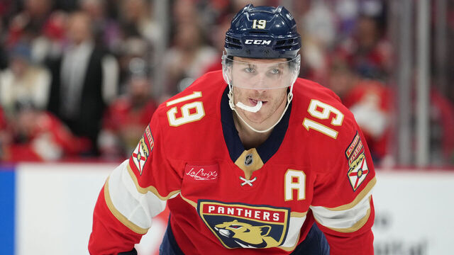 SUNRISE, FL - FEBRUARY 08: Florida Panthers left wing Matthew Tkachuk (19) waits for a face-off during the game between the Ottawa Senators and the Florida Panthers on Saturday, February 8, 2025 at Amerant Bank Area in Sunrise, FL.