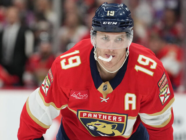 SUNRISE, FL - FEBRUARY 08: Florida Panthers left wing Matthew Tkachuk (19) waits for a face-off during the game between the Ottawa Senators and the Florida Panthers on Saturday, February 8, 2025 at Amerant Bank Area in Sunrise, FL.