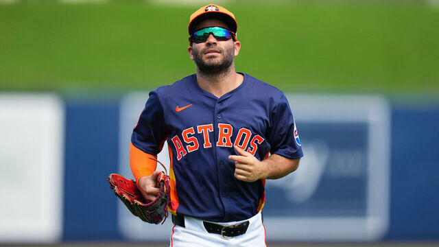 WEST PALM BEACH, FLORIDA - FEBRUARY 28: Jose Altuve #27 of the Houston Astros looks on during a spring training game against the St. Louis Cardinals at CACTI Park of the Palm Beaches on February 28, 2025 in West Palm Beach, Florida.