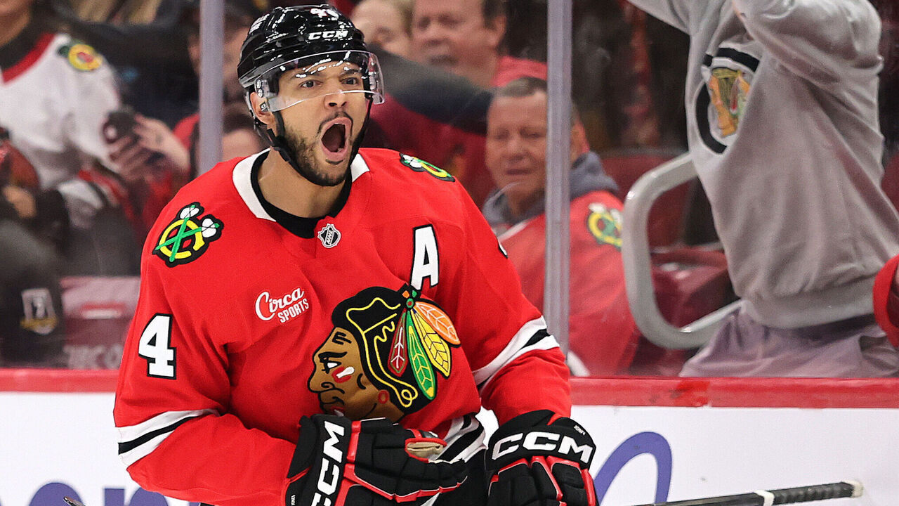 CHICAGO, ILLINOIS - FEBRUARY 07: Seth Jones #4 of the Chicago Blackhawks celebrates after scoring a goal against the Nashville Predators during the second period at the United Center on February 07, 2025 in Chicago, Illinois.