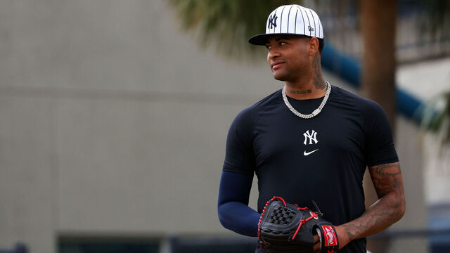 TAMPA, FL - FEBRUARY 20: Luis Gil #81 of the New York Yankees during spring training at George M. Steinbrenner Field on February 20, 2025 in Tampa, Florida.