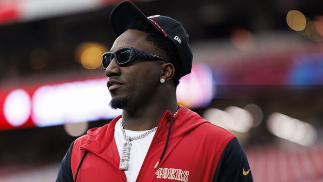 GLENDALE, ARIZONA - JANUARY 5: Wide receiver Deebo Samuel Sr. #1 of the San Francisco 49ers stands on the field prior to an NFL football game against the Arizona Cardinals at State Farm Stadium on January 5, 2025 in Glendale, Arizona.