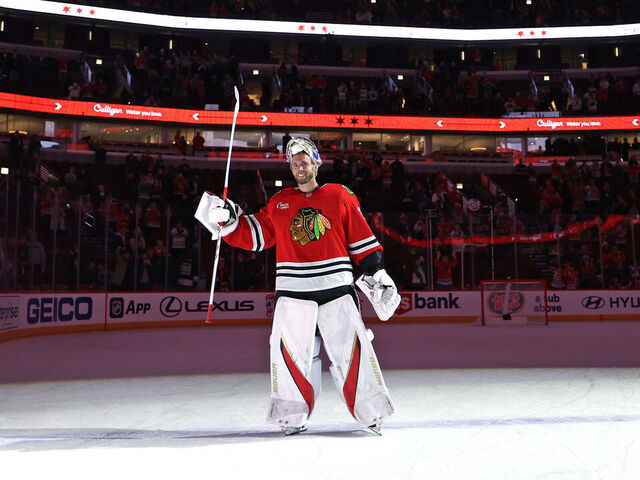 CHICAGO, ILLINOIS - MARCH 03: Goalie Spencer Knight #30 of the Chicago Blackhawks is named number one player of the game with 31 saves against the Los Angeles Kings at the United Center on March 03, 2025 in Chicago, Illinois.