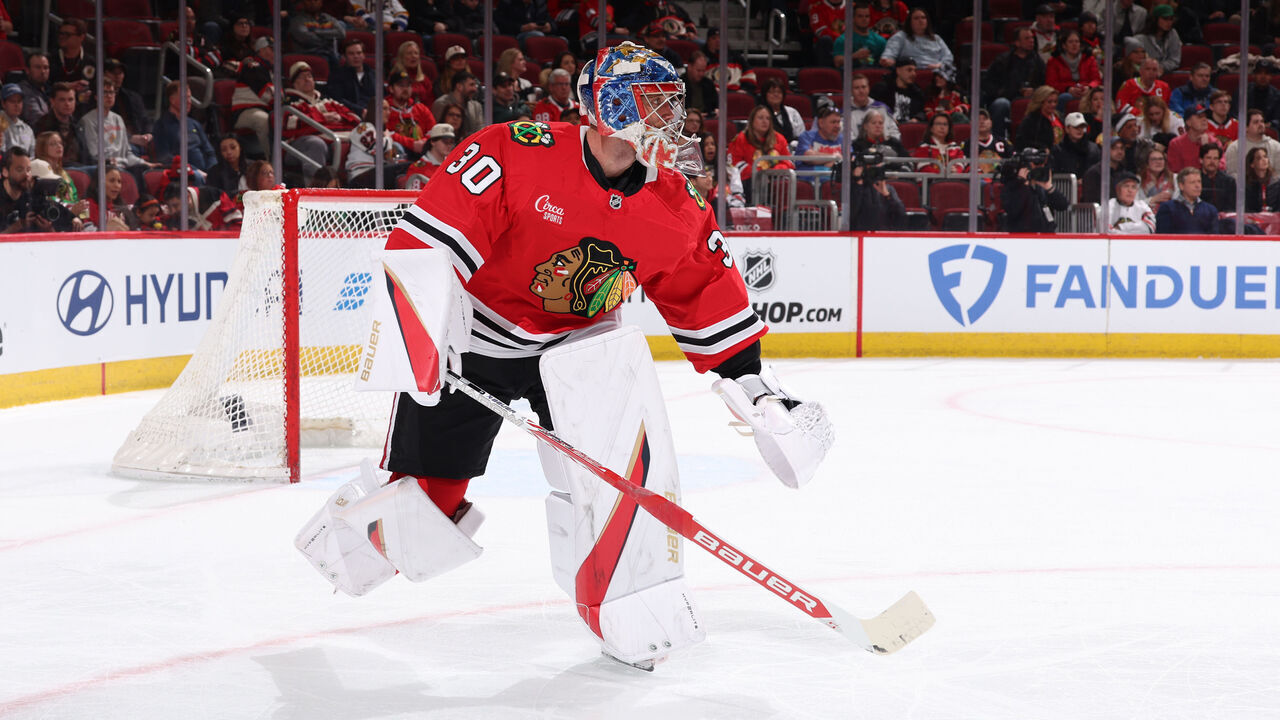 CHICAGO, ILLINOIS - MARCH 03: Goalie Spencer Knight #30 of the Chicago Blackhawks skates in the first period against the Los Angeles Kings at the United Center on March 03, 2025 in Chicago, Illinois.