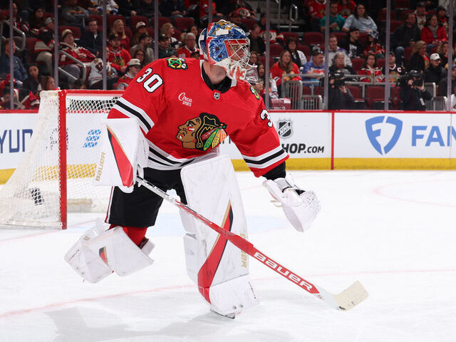 CHICAGO, ILLINOIS - MARCH 03: Goalie Spencer Knight #30 of the Chicago Blackhawks skates in the first period against the Los Angeles Kings at the United Center on March 03, 2025 in Chicago, Illinois.