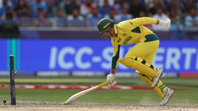 DUBAI, UNITED ARAB EMIRATES - MARCH 04: Alex Carey of Australia is run out by Shreyas Iyer of India during the ICC Champions Trophy 2025 semi final between India and Australia at Dubai International Cricket Stadium on March 04, 2025 in Dubai, United Arab Emirates.