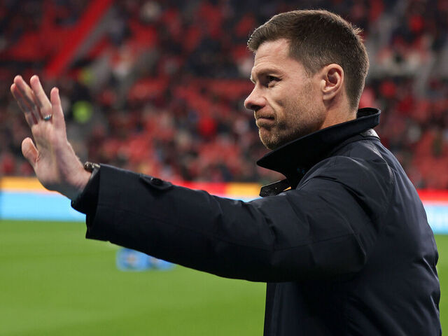 LEVERKUSEN, GERMANY - FEBRUARY 15: Coach Xabi Alonso of Bayer Leverkusen looks on before the Bundesliga match between Bayer 04 Leverkusen and FC Bayern München at BayArena on February 15, 2025 in Leverkusen, Germany.