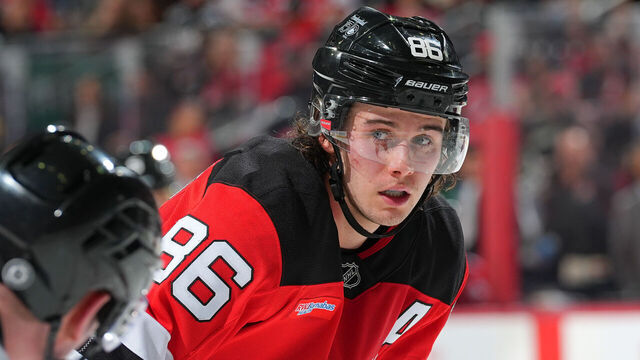 NEWARK, NJ - FEBRUARY 22: Jack Hughes #86 of the New Jersey Devils during the game against the Dallas Stars at Prudential Center on February 22, 2025 in Newark, New Jersey.