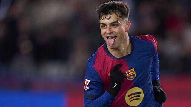BARCELONA, SPAIN - DECEMBER 21: Pedro Gonzalez 'Pedri' of FC Barcelona celebrates after scoring his team's first goal during the LaLiga EA Sports match between FC Barcelona and Atletico de Madrid at Estadi Olimpic Lluis Companys on December 21, 2024 in Barcelona, Spain.