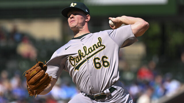 CHICAGO, ILLINOIS - SEPTEMBER 18: Brady Basso #66 of the Oakland Athletics throws a pitch during the first inning of a game against the Chicago Cubs at Wrigley Field on September 18, 2024 in Chicago, Illinois.