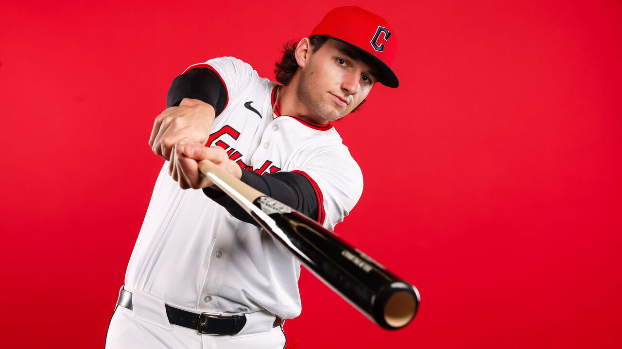 GOODYEAR, ARIZONA - FEBRUARY 20: Chase DeLauter #79 of the Cleveland Guardians poses for a portrait during Cleveland Guardians photo day at Goodyear Ballpark on February 20, 2025 in Goodyear, Arizona.
