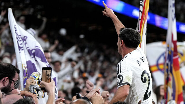 MADRID, SPAIN - MARCH 04: Brahim Diaz of Real Madrid celebrates his goal during the UEFA Champions League 2024/25 UEFA Champions League 2024/25 Round of 16 first leg match between Real Madrid C.F. and Atletico de Madrid at on March 04, 2025 in Madrid, Spain.