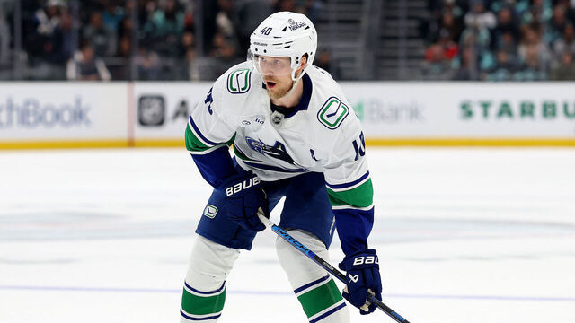 SEATTLE, WASHINGTON - MARCH 01: Elias Pettersson #40 of the Vancouver Canucks skates against the Seattle Kraken during the first period at Climate Pledge Arena on March 01, 2025 in Seattle, Washington.
