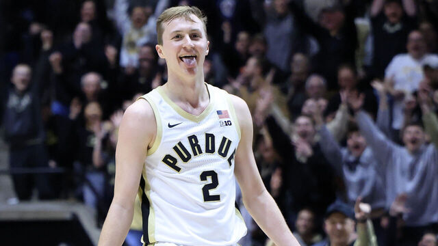 WEST LAFAYETTE, INDIANA - MARCH 04: Fletcher Loyer #2 of the Purdue Boilermakers reacts against the Rutgers Scarlet Knights at Mackey Arena on March 04, 2025 in West Lafayette, Indiana.