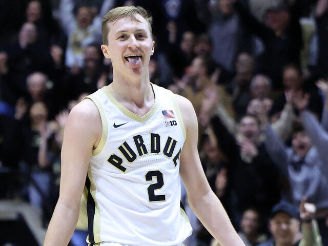 WEST LAFAYETTE, INDIANA - MARCH 04: Fletcher Loyer #2 of the Purdue Boilermakers reacts against the Rutgers Scarlet Knights at Mackey Arena on March 04, 2025 in West Lafayette, Indiana.