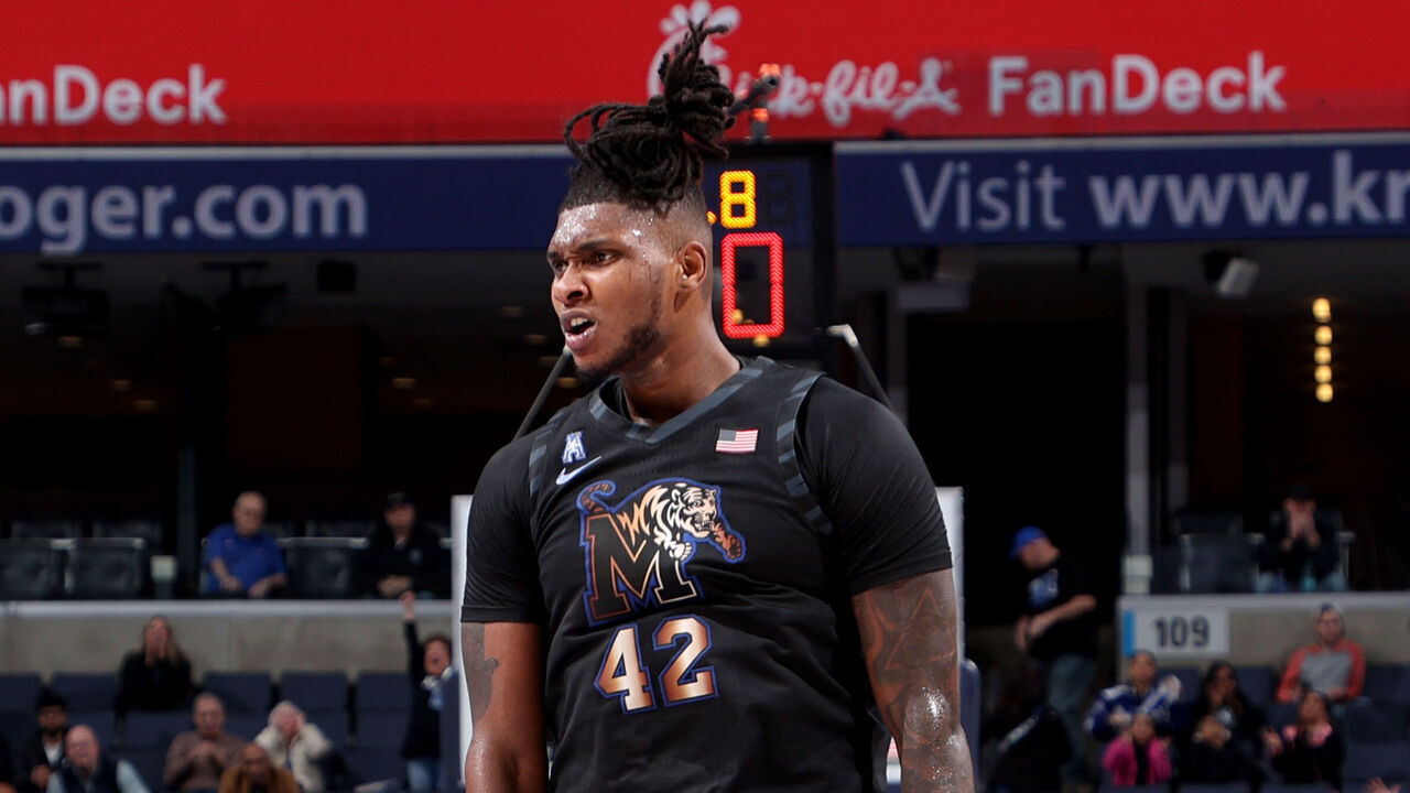 MEMPHIS, TN - FEBRUARY 26: Dain Dainja #42 of the Memphis Tigers celebrates against the Rice Owls during the second half on February 26, 2025 at FedExForum in Memphis, Tennessee.