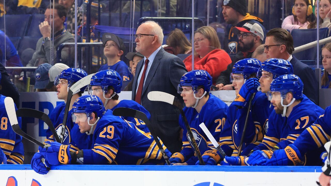 BUFFALO, NEW YORK - FEBRUARY 2: Head coach Lindy Ruff of the Buffalo Sabres watches the action against the New Jersey Devils during an NHL game on February 2, 2025 at KeyBank Center in Buffalo, New York.