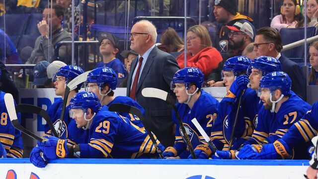 BUFFALO, NEW YORK - FEBRUARY 2: Head coach Lindy Ruff of the Buffalo Sabres watches the action against the New Jersey Devils during an NHL game on February 2, 2025 at KeyBank Center in Buffalo, New York.