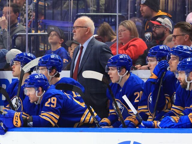 BUFFALO, NEW YORK - FEBRUARY 2: Head coach Lindy Ruff of the Buffalo Sabres watches the action against the New Jersey Devils during an NHL game on February 2, 2025 at KeyBank Center in Buffalo, New York.