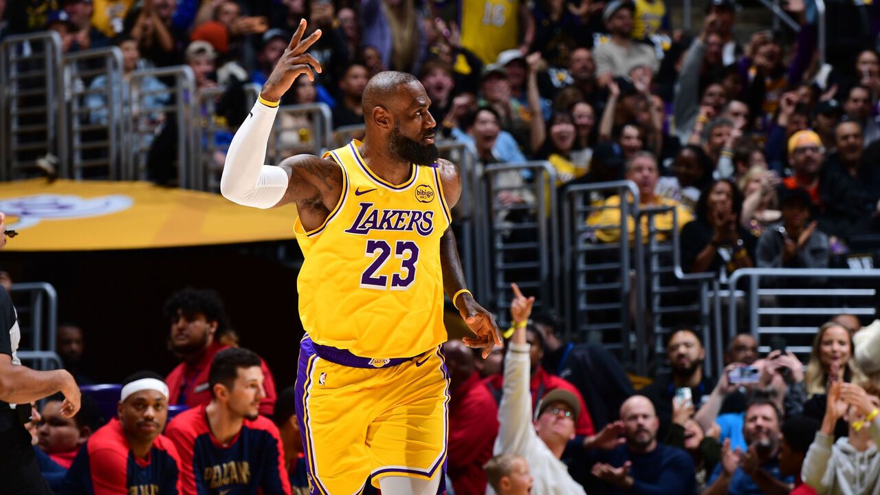 LOS ANGELES, CA - MARCH 4: LeBron James #23 of the Los Angeles Lakers celebrates during the game against the New Orleans Pelicans on March 4, 2025 at Crypto.Com Arena in Los Angeles, California. NOTE TO USER: User expressly acknowledges and agrees that, by downloading and/or using this Photograph, user is consenting to the terms and conditions of the Getty Images License Agreement. Mandatory Copyright Notice: Copyright 2025 NBAE