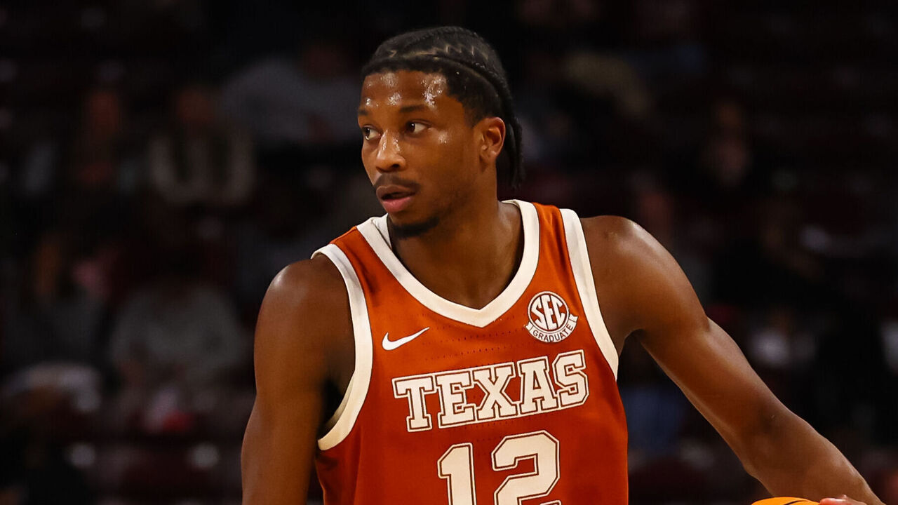 COLUMBIA, SOUTH CAROLINA - FEBRUARY 22: Tramon Mark #12 of the Texas Longhorns controls the ball during the second half of a basketball game against the South Carolina Gamecocks at Colonial Life Arena on February 22, 2025 in Columbia, South Carolina.