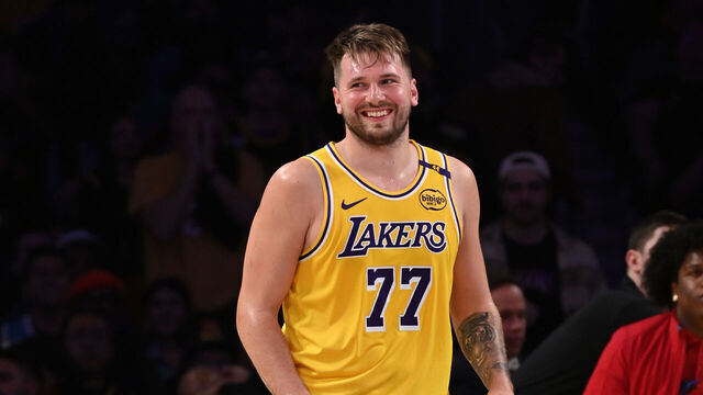LOS ANGELES, CA - MARCH 4: Luka Doncic #77 of the Los Angeles Lakers smiles during the game against the New Orleans Pelicans on March 4, 2025 at Crypto.Com Arena in Los Angeles, California. NOTE TO USER: User expressly acknowledges and agrees that, by downloading and/or using this Photograph, user is consenting to the terms and conditions of the Getty Images License Agreement. Mandatory Copyright Notice: Copyright 2025 NBAE