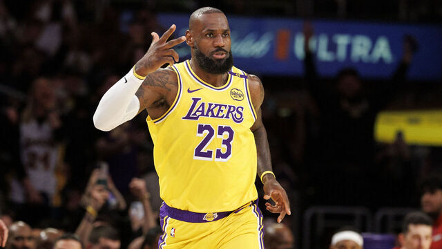 LOS ANGELES, CA -MARCH 4, 2025: Los Angeles Lakers forward LeBron James (23) reacts after his there-point shot put him at the 50,000 point mark, a record for the Lakers, in the first half against the New Orleans Pelicans at Crypto.com Arena on March 4, 2025 in Los Angeles, California. (Gina Ferazzi / Los Angeles Times via Getty Images)