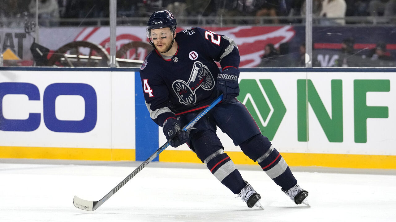 COLUMBUS, OHIO - MARCH 01: Mathieu Olivier #24 of the Columbus Blue Jackets seen in action during the 2025 NHL Stadium Series against the Detroit Red Wings at Ohio Stadium on March 01, 2025 in Columbus, Ohio.