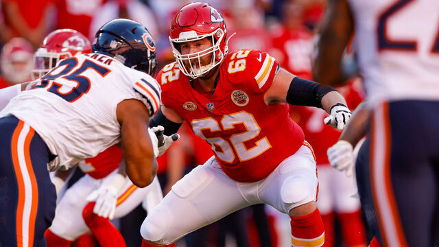 KANSAS CITY, MISSOURI - SEPTEMBER 24: Joe Thuney #62 of the Kansas City Chiefs blocks during the third quarter against the Chicago Bears at GEHA Field at Arrowhead Stadium on September 24, 2023 in Kansas City, Missouri.