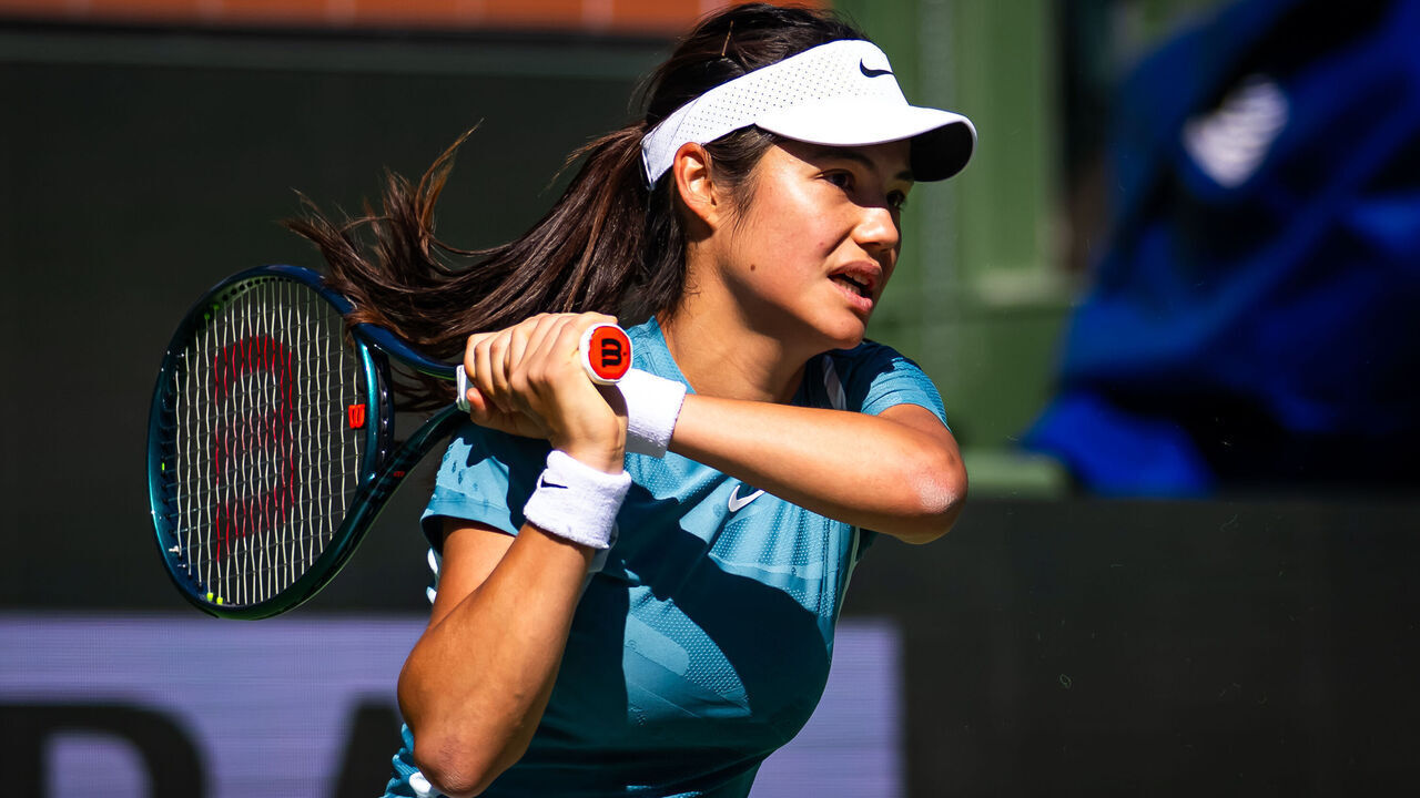 INDIAN WELLS, CALIFORNIA - MARCH 03: Emma Raducanu of Great Britain during practice ahead of the BNP Paribas Open at Indian Wells Tennis Garden on March 03, 2025 in Indian Wells, California
