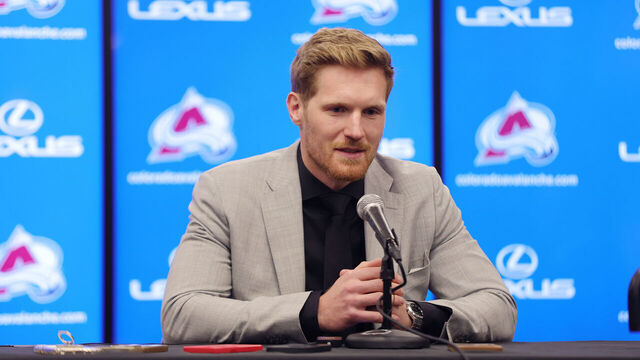 DENVER, COLORADO - APRIL 13: Gabriel Landeskog #92 of the Colorado Avalanche addresses the media prior to the game against the Winnipeg Jets at Ball Arena on April 13, 2023 in Denver, Colorado.