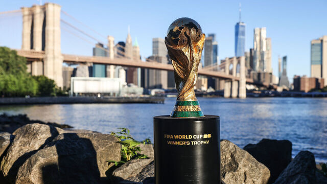 NEW YORK, NEW YORK - JULY 01: FIFA World Cup Trophy on display during the official Trophy Tour around FIFA 2026 World Cup host cities on July 01, 2024 in New York City.