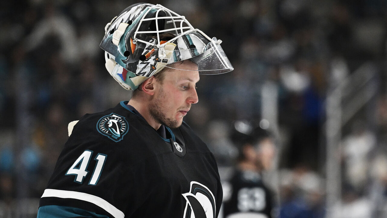 SAN JOSE, CALIFORNIA - FEBRUARY 06: Goaltender Vitek Vanecek #41 of the San Jose Sharks looks on against the Vancouver Canucks in the third period at SAP Center on February 06, 2025 in San Jose, California.