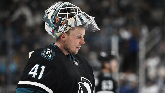 SAN JOSE, CALIFORNIA - FEBRUARY 06: Goaltender Vitek Vanecek #41 of the San Jose Sharks looks on against the Vancouver Canucks in the third period at SAP Center on February 06, 2025 in San Jose, California.