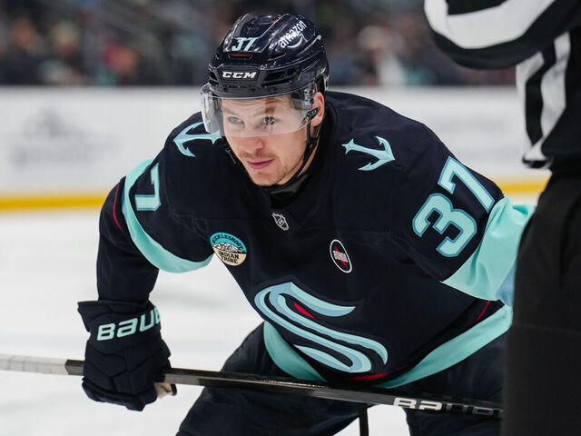 SEATTLE, WASHINGTON - JANUARY 02: Yanni Gourde #37 of the Seattle Kraken prepares for a face-off during the first period of a game against the Vancouver Canucks at Climate Pledge Arena on January 02, 2025 in Seattle, Washington.