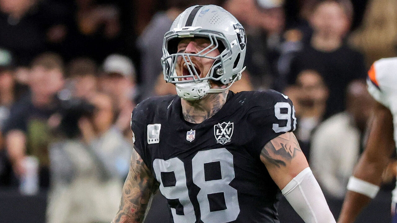 LAS VEGAS, NEVADA - NOVEMBER 24: Maxx Crosby #98 of the Las Vegas Raiders celebrates after making a tackle for a 3-yard loss against the Denver Broncos in the second quarter of their game at Allegiant Stadium on November 24, 2024 in Las Vegas, Nevada. The Broncos defeated the Raiders 29-19.