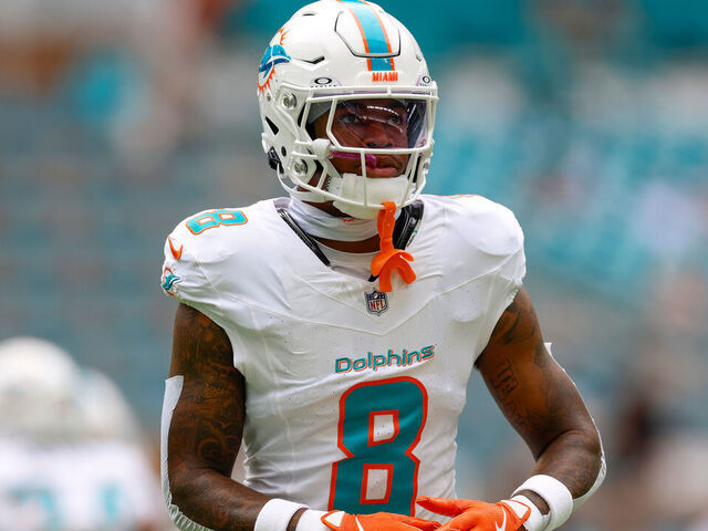 MIAMI GARDENS, FLORIDA - NOVEMBER 17: Jevon Holland #8 of the Miami Dolphins prior to a game against the Las Vegas Raiders at Hard Rock Stadium on November 17, 2024 in Miami Gardens, Florida.
