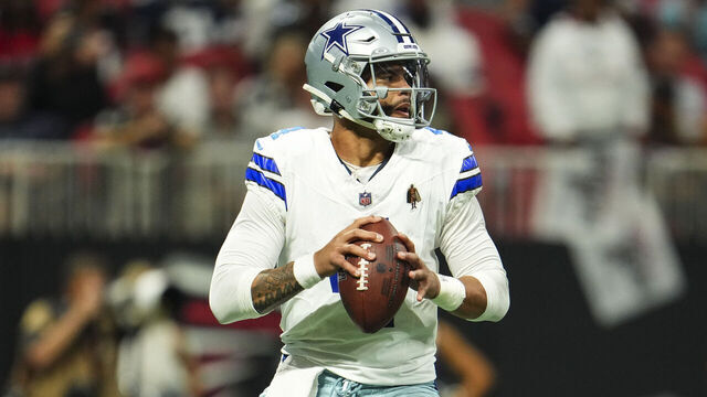 ATLANTA, GA - NOVEMBER 03: Dak Prescott #4 of the Dallas Cowboys drops back to pass during an NFL football game against the Atlanta Falcons at Mercedes-Benz Stadium on November 3, 2024 in Atlanta, Georgia.