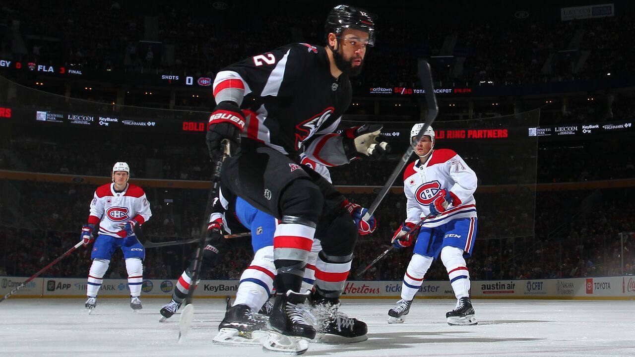 BUFFALO, NEW YORK - MARCH 1: Jordan Greenway #12 of the Buffalo Sabres controls the puck against the Montreal Canadiens during an NHL game on March 1, 2025 at KeyBank Center in Buffalo, New York.