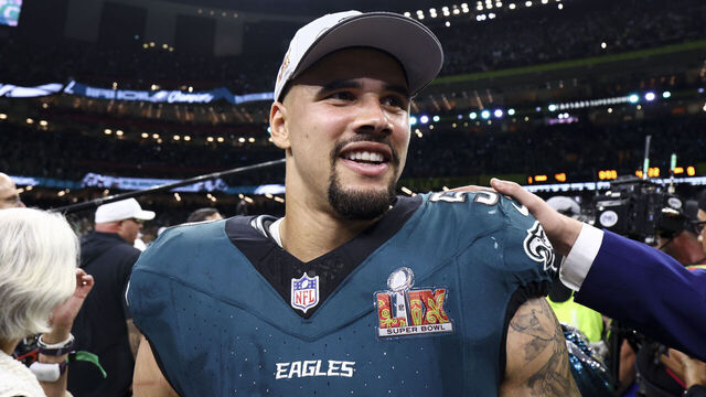 NEW ORLEANS, LOUISIANA - FEBRUARY 9: Zack Baun #53 of the Philadelphia Eagles celebrates after defeating the Kansas City Chiefs 40-22 in Super Bowl LIX at Caesars Superdome on February 9, 2025 in New Orleans, Louisiana.