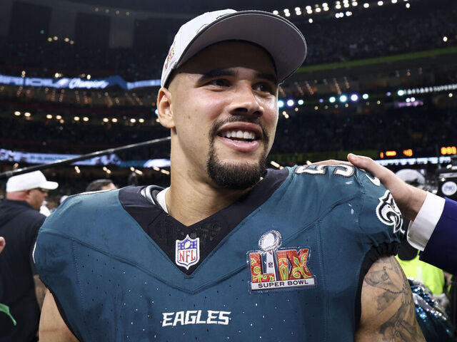 NEW ORLEANS, LOUISIANA - FEBRUARY 9: Zack Baun #53 of the Philadelphia Eagles celebrates after defeating the Kansas City Chiefs 40-22 in Super Bowl LIX at Caesars Superdome on February 9, 2025 in New Orleans, Louisiana.