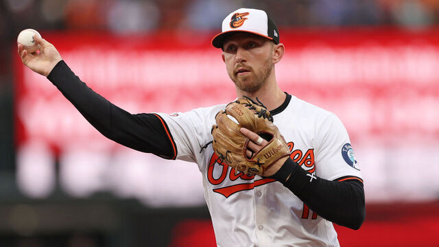 BALTIMORE, MARYLAND - OCTOBER 01: Jordan Westburg #11 of the Baltimore Orioles throws the ball to first base to put out Kyle Isbel (not pictured) of the Kansas City Royals during the third inning of Game One of the Wild Card Series at Oriole Park at Camden Yards on October 01, 2024 in Baltimore, Maryland.