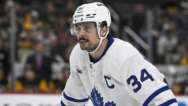 PITTSBURGH, PA - MARCH 02: Toronto Maple Leafs center Auston Matthews (34) looks on during the third period in the NHL game between the Pittsburgh Penguins and the Toronto Maple Leafs on March 2, 2025, at PPG Paints Arena in Pittsburgh, PA.